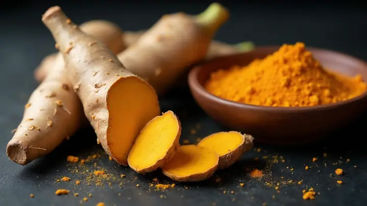 Raízes frescas de cúrcuma cortadas, com polpa laranja, ao lado de uma tigela de açafrão-da-terra em pó amarelo sobre pedra escura