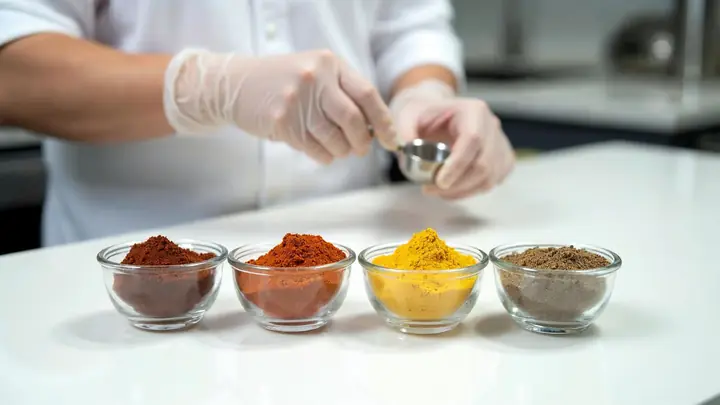 Mão com luva descartável segurando uma colher medidora diante de tigelas de vidro com diferentes temperos em pó