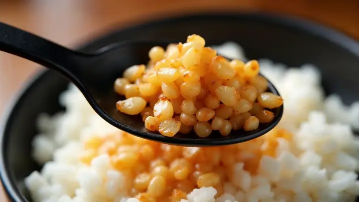 Alho frito dourado em flocos numa tigela preta, espalhado sobre um prato de arroz branco