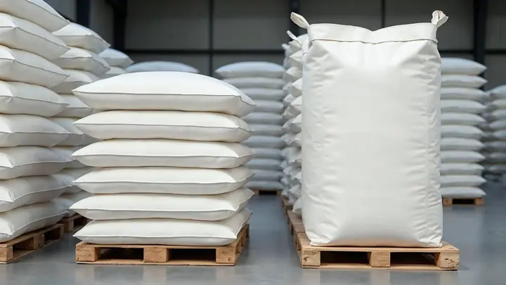 Armazém de alimentos com sacos brancos de 25 kg empilhados em paletes e um big bag branco ao lado
