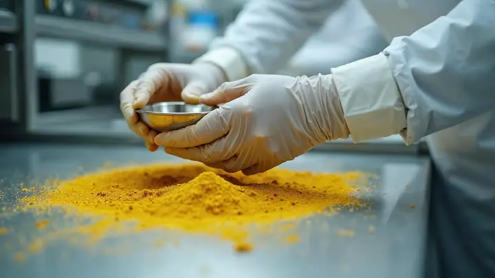 Mãos de luva peneirando tempero amarelo sobre mesa de aço inox limpa, com touca e jaleco brancos