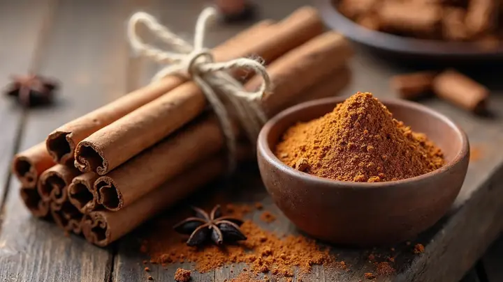 Canela em pau amarrada com barbante ao lado de uma tigela de canela em pó sobre madeira rústica