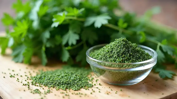 Salsa e cebolinha desidratadas numa tigela de vidro ao lado de maços frescos de salsa e cebolinha