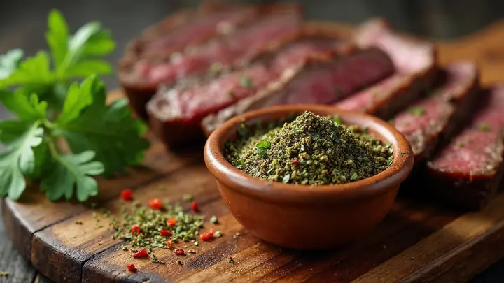 Chimichurri seco com orégano, salsa, alho e pimenta em flocos numa tigela de barro ao lado de fatias de carne grelhada
