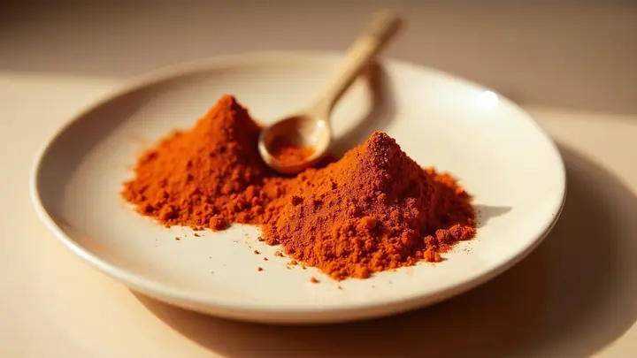 Dois montinhos de colorau vermelho-alaranjado num prato de cerâmica bege com uma pequena colher de madeira