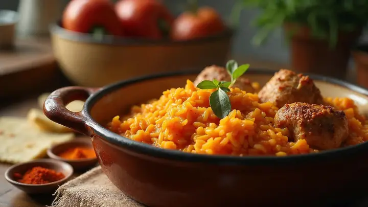 Arroz e frango ensopado com cor alaranjada de colorau numa panela de cerâmica, com um potinho de colorau ao lado