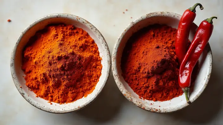 Tigela de colorau alaranjado ao lado de uma tigela de páprica vermelho-escura com um pimentão seco