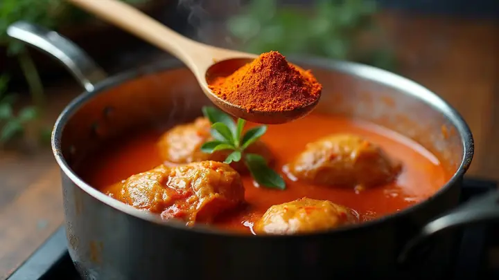 Panela de frango ensopado com molho alaranjado e uma colher de madeira com colorau por cima