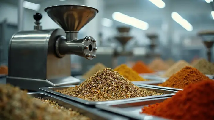 Linha de processamento de temperos com moinho e peneira de aço inox e bandejas com ervas e especiarias secas