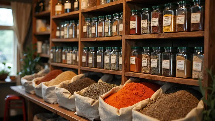 Interior de uma pequena loja de temperos com prateleiras de madeira e potes de vidro com especiarias coloridas