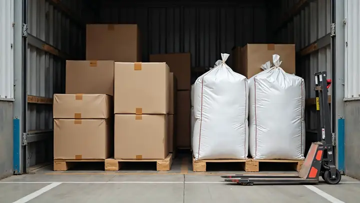 Doca de carga com caixas de papelão e sacos brancos em paletes prontos para expedição
