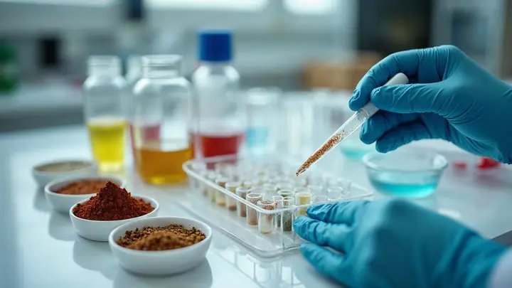 Bancada de laboratório com placas de Petri, tubos de ensaio e amostras de especiarias moídas