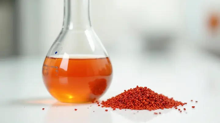 Béquer de vidro com extrato líquido laranja de urucum ao lado de sementes de urucum sobre superfície branca