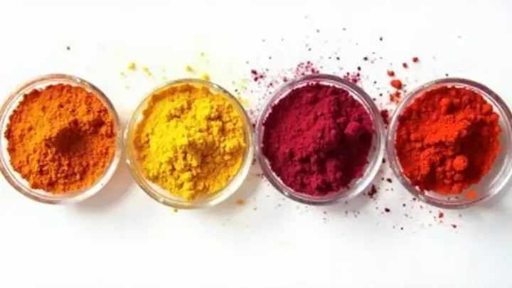 Tigelas de vidro com corantes naturais em pó: urucum laranja, cúrcuma amarela, beterraba vermelha e páprica