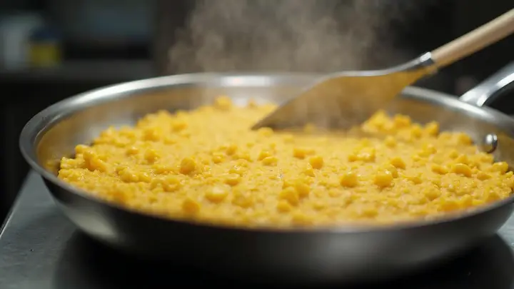 Cuba de aço inox com cuscuz de milho amarelo recém-cozido no vapor numa cozinha profissional
