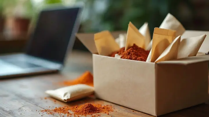 Pacotes de temperos em sacos de papel kraft sendo embalados numa caixa de papelão para envio