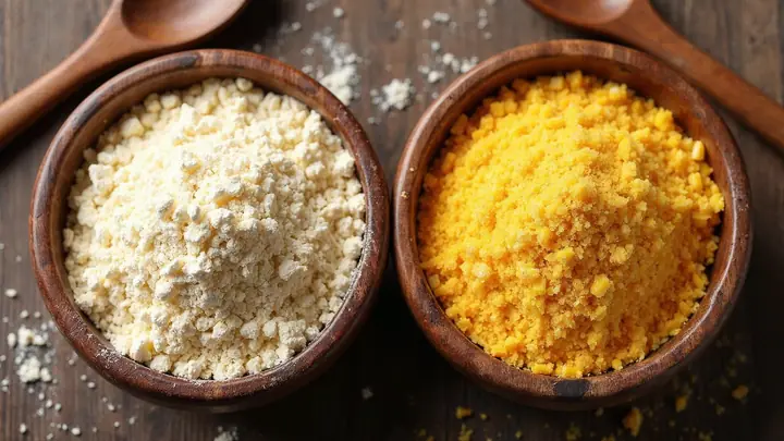 Farinha de mandioca torrada e farinha de milho em flocos em duas tigelas lado a lado