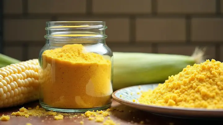 Pote de vidro com farinha de milho amarela ao lado de uma espiga de milho e um prato de farofa