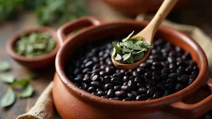 Folhas de louro secas numa tigela e numa colher de madeira sobre uma panela de barro com feijão preto