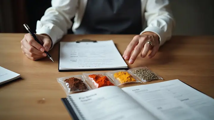 Mesa vista de cima com amostras de temperos em saquinhos transparentes, um caderno e uma caneta
