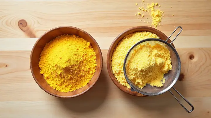 Duas tigelas de fubá amarelo, uma bem fina e outra mais grossa, com uma pequena peneira entre elas