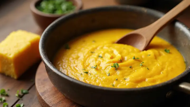Polenta cremosa amarela numa panela rústica com colher de madeira e uma fatia de bolo de fubá ao lado