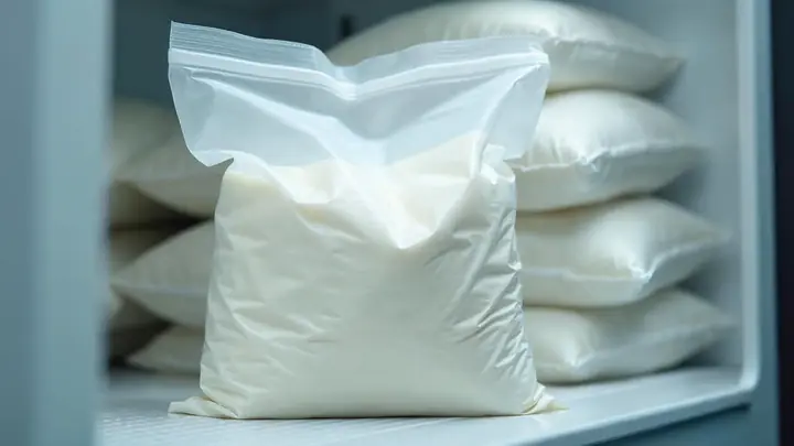Saco transparente grande de goma de tapioca hidratada numa câmara fria, com outros sacos empilhados ao fundo