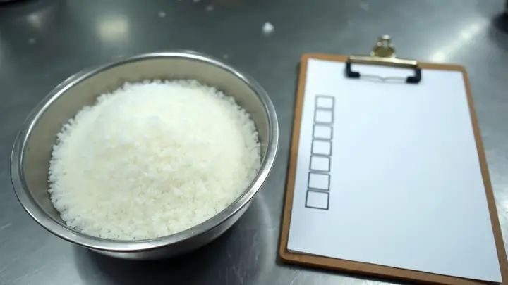 Goma de tapioca branca numa tigela de inox sobre mesa de produção, com uma prancheta ao lado