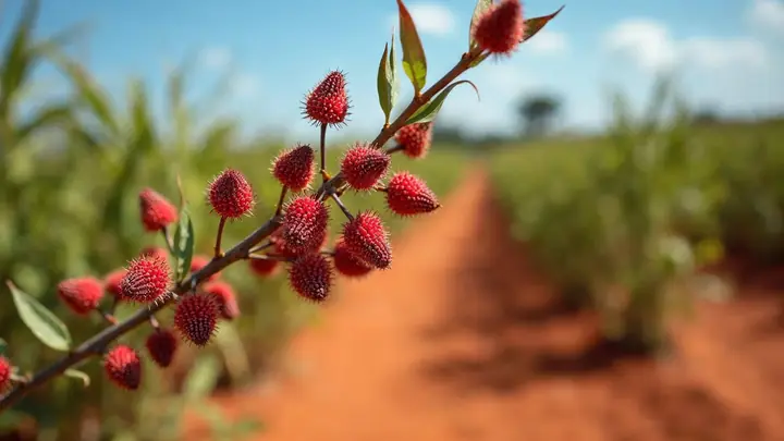 Pé de urucum num campo ensolarado com cachos de frutos avermelhados, terra vermelha e céu azul