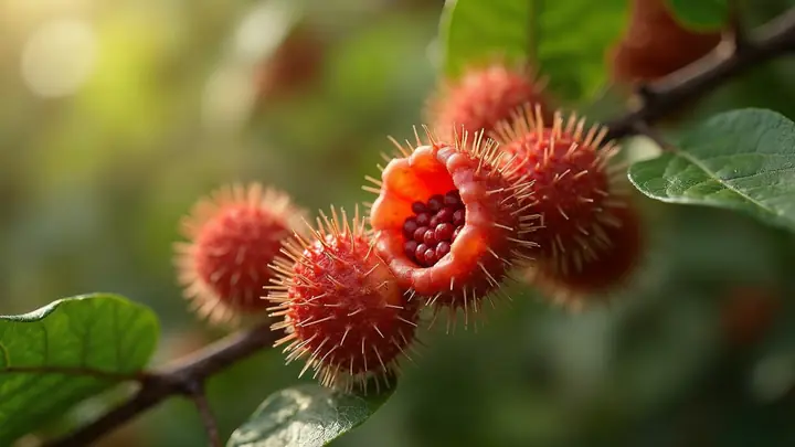 Galho de urucum com frutos avermelhados, um deles aberto mostrando as sementes vermelhas por dentro