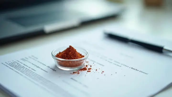 Amostra de tempero num pote transparente ao lado de um documento em branco, caneta e lupa numa mesa de controle de qualidade