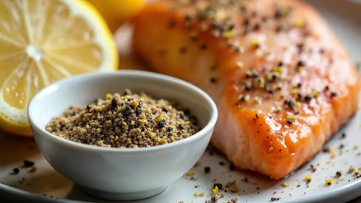Lemon pepper com pimenta-do-reino e raspas de limão secas numa tigela, ao lado de um limão cortado e filé de peixe grelhado