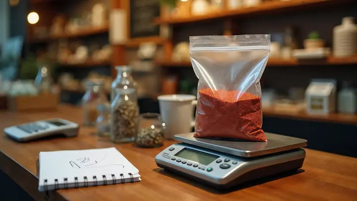 Balcão de loja com balança pesando um saquinho de tempero vermelho, uma calculadora e um caderno