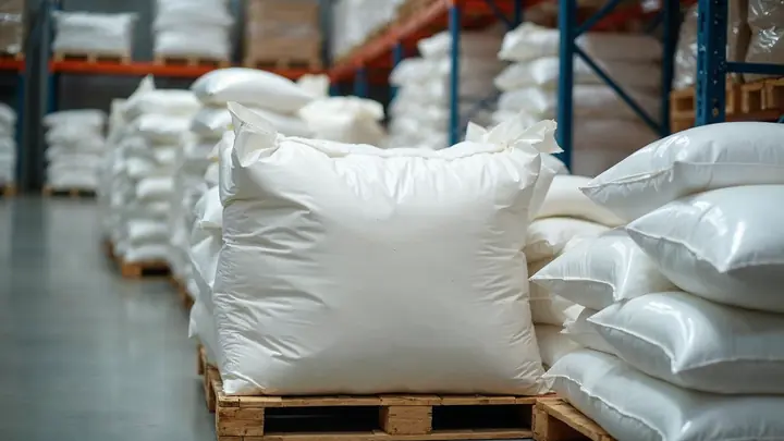 Sacos de papel e pacotes transparentes de fécula de mandioca e tapioca num palete de armazém