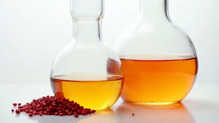 Dois béqueres lado a lado, um com extrato de urucum em óleo e outro com solução aquosa amarelo-alaranjada, e sementes de urucum na frente