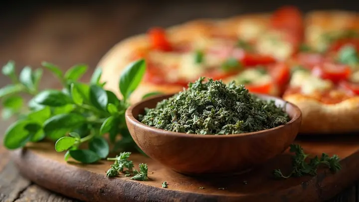 Orégano seco numa tigela de madeira ao lado de um raminho de orégano fresco, com uma fatia de pizza ao fundo