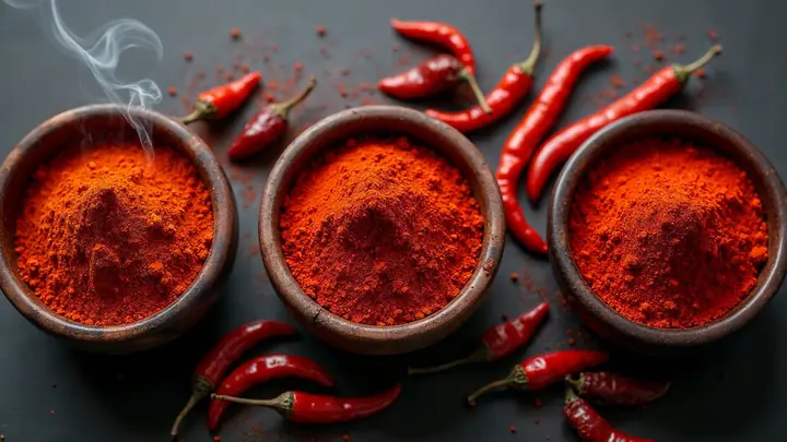 Três tigelas de páprica em tons de vermelho diferentes, doce, picante e defumada, com pimentões secos