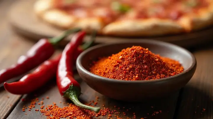 Pimenta calabresa em flocos com sementes numa tigela ao lado de pimentas vermelhas secas inteiras