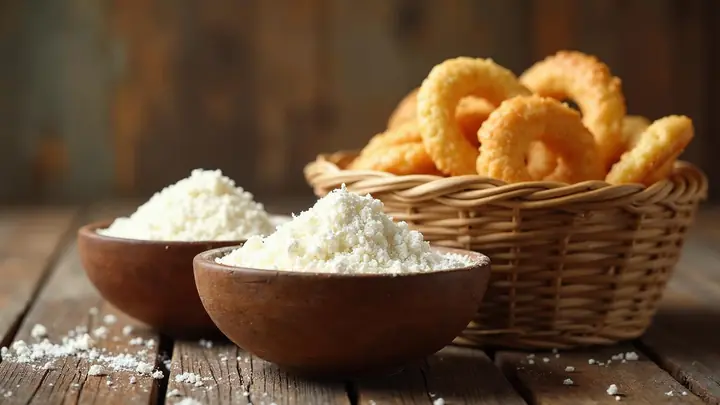 Duas tigelas de polvilho ao lado de uma cesta de pães de queijo e biscoitos de polvilho em formato de argola
