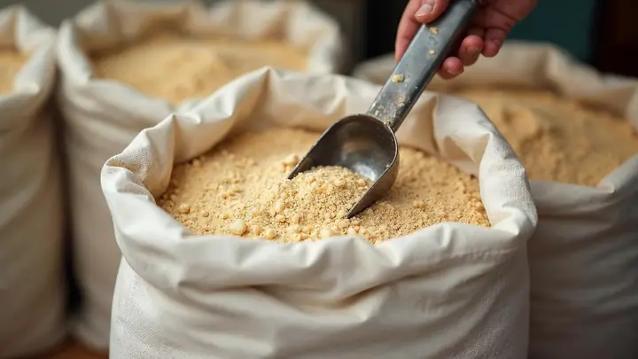Saco branco aberto de farinha de mandioca torrada com uma concha de metal num mercado atacadista