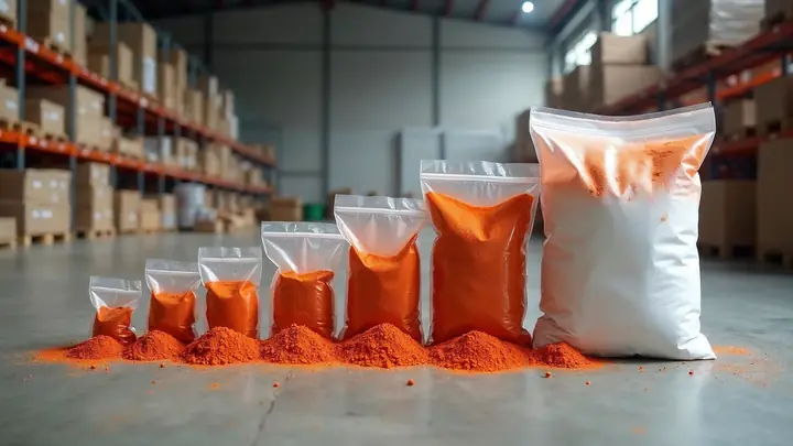 Pacotes de pó vermelho-alaranjado em tamanhos diferentes, do sachê pequeno ao saco de 25 kg, em fila
