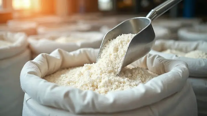 Sacos brancos abertos de polvilho e fécula num armazém atacadista, com uma concha de metal erguendo o pó branco