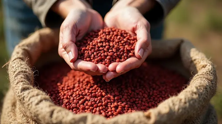Mãos de agricultor segurando sementes de urucum secas sobre um saco de ráfia cheio de sementes
