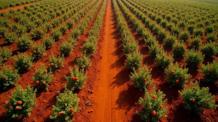 Fileiras de pés de urucum numa fazenda com cachos de frutos avermelhados e caminho de terra vermelha