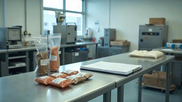 Sala de produção de alimentos com mesa de inox, pacotes de tempero fechados e uma pasta de documentos