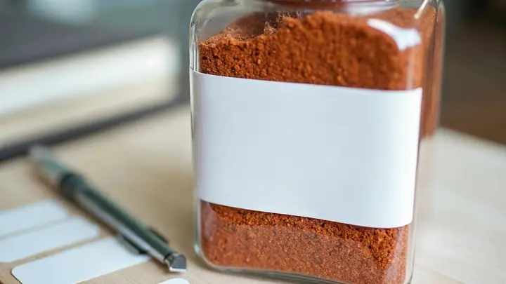 Pacote transparente de tempero com área de etiqueta em branco, ao lado de uma caneta e etiquetas em branco