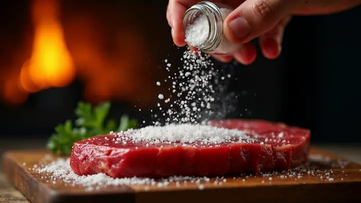 Mão espalhando sal de parrilla de grão médio sobre um bife cru numa tábua, com a churrasqueira acesa ao fundo