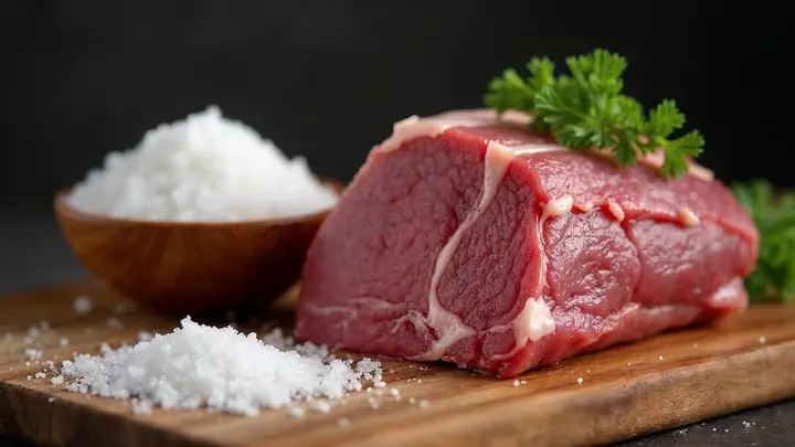 Sal grosso em cristais grandes numa tigela de madeira e espalhado numa tábua ao lado de uma picanha crua