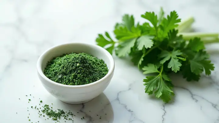 Salsa desidratada numa tigela branca ao lado de um maço de salsa fresca sobre mármore claro