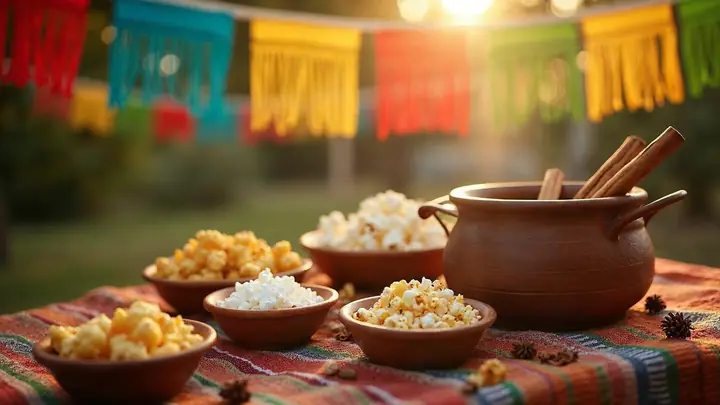 Mesa de festa junina com canjica, quentão com canela e cravo, pipoca e bolo de milho